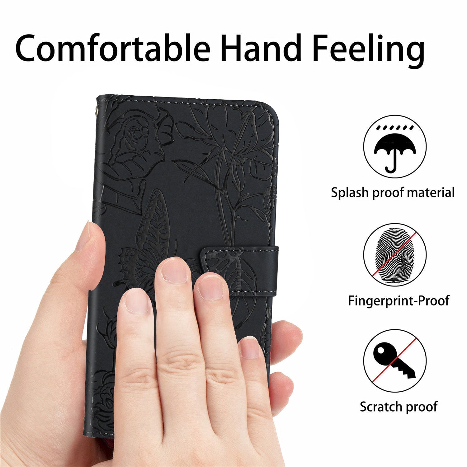 HT03 For Oppo A59 5G Wallet Leather Case Butterfly Flower with Hand Strap - Black HT03 For Oppo A59 5G Wallet Leather Case Butterfly Flower with Hand Strap - Black